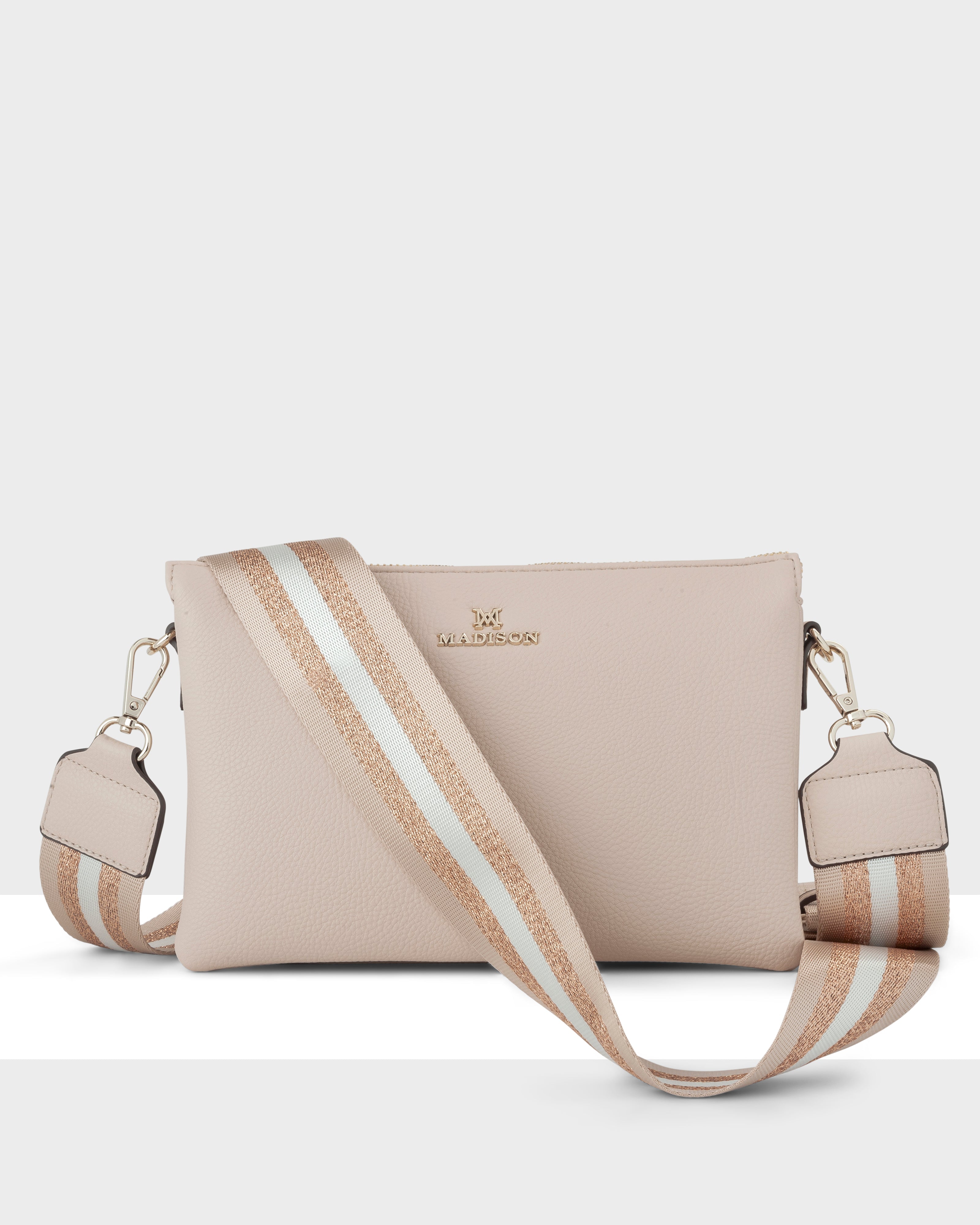 Avery 3 Compartment Crossbody Bag + Metallic Stripe Bag Strap-Handbags-PEROZ Accessories