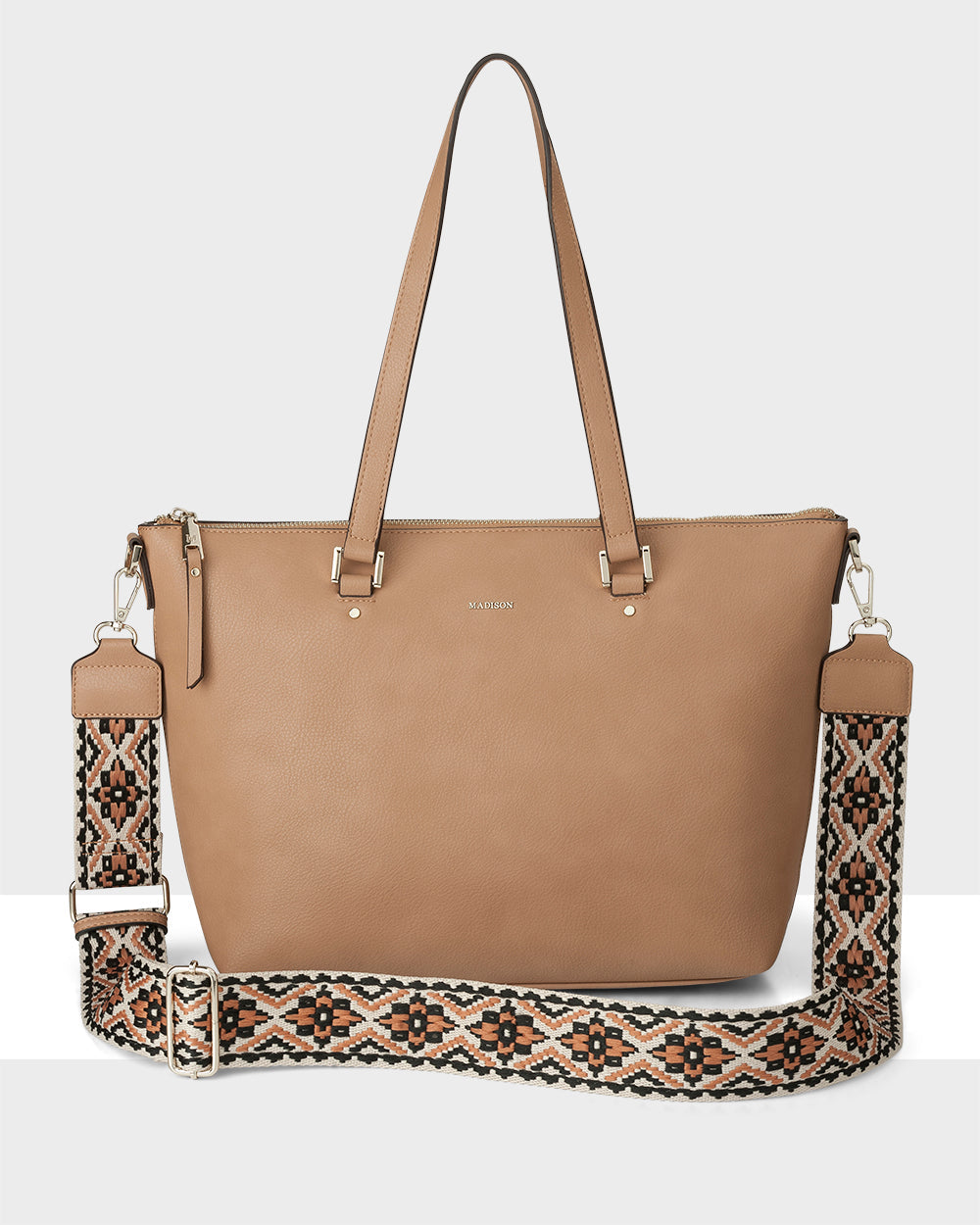 Vivian Medium Zip Top Tote With Aztec Strap-Handbags-PEROZ Accessories