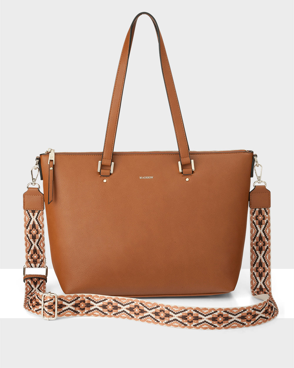 Vivian Medium Zip Top Tote With Aztec Strap-Handbags-PEROZ Accessories
