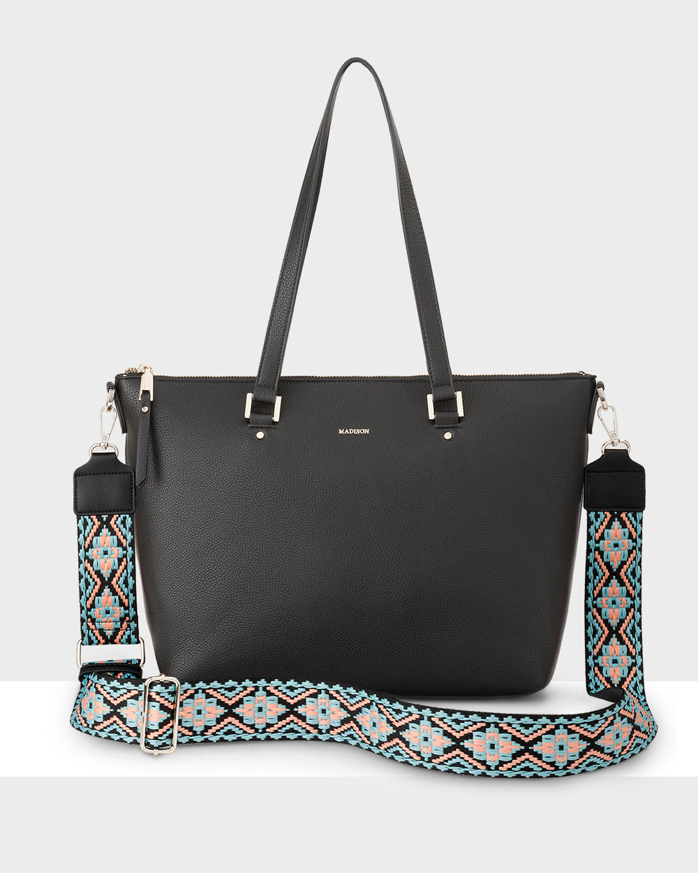 Vivian Medium Zip Top Tote With Aztec Strap-Handbags-PEROZ Accessories