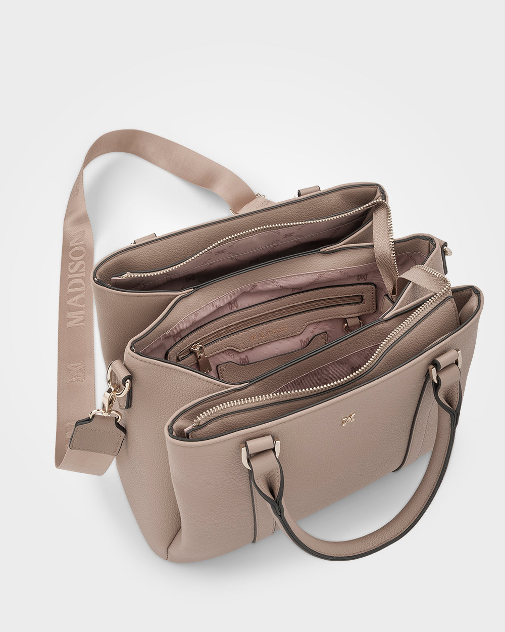 Patricia Medium Zip Top Satchel With 3 Compartments and Webbing Crossbody Strap-Handbags-PEROZ Accessories