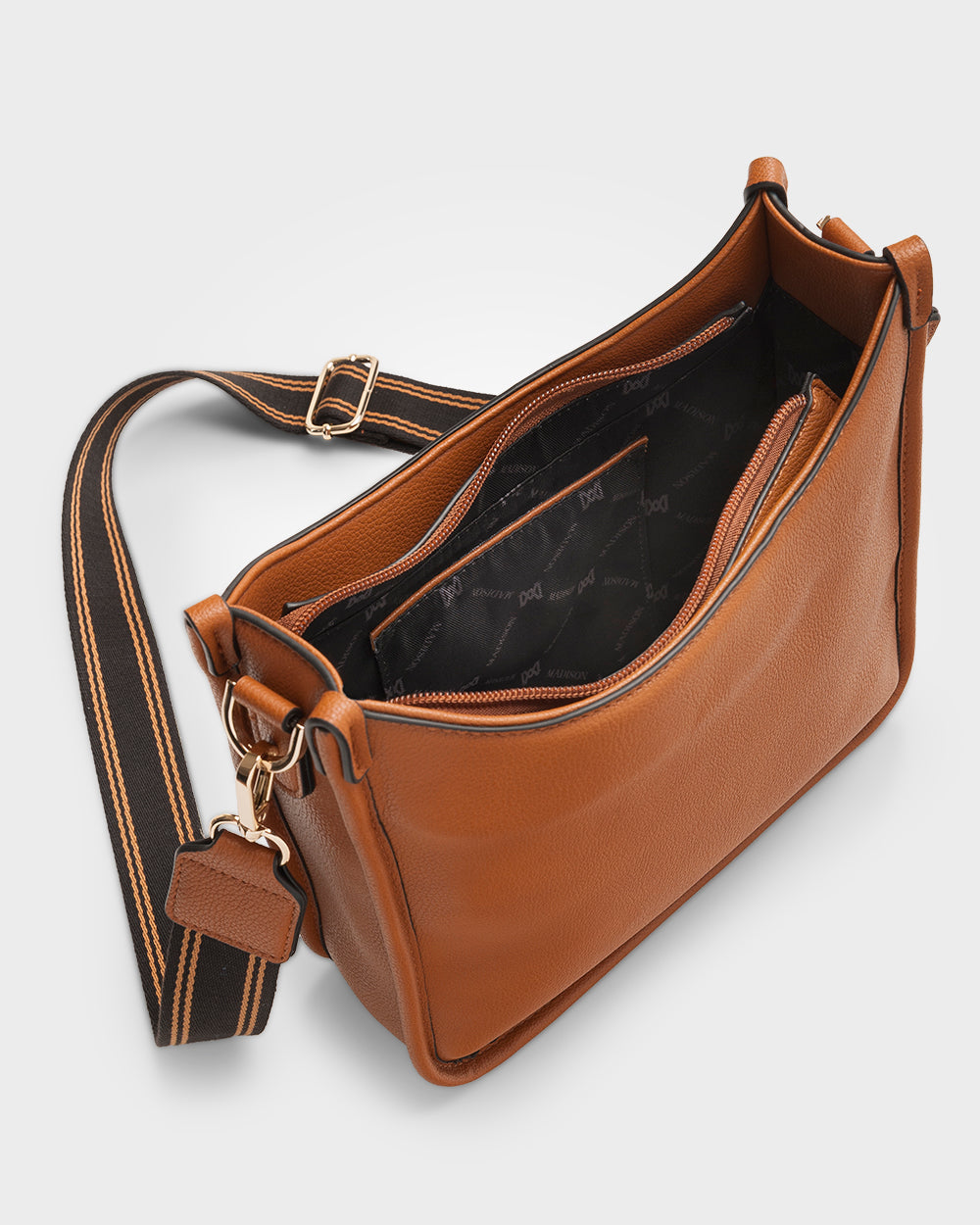 Paula Sling Zip Top Crossbody Bag With Stripe Webbing Strap-Handbags-PEROZ Accessories