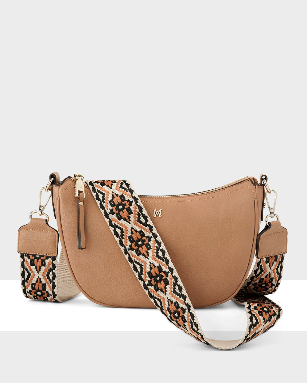 Layla Zip Top Curved Crossbody With Aztec Strap-Handbags-PEROZ Accessories