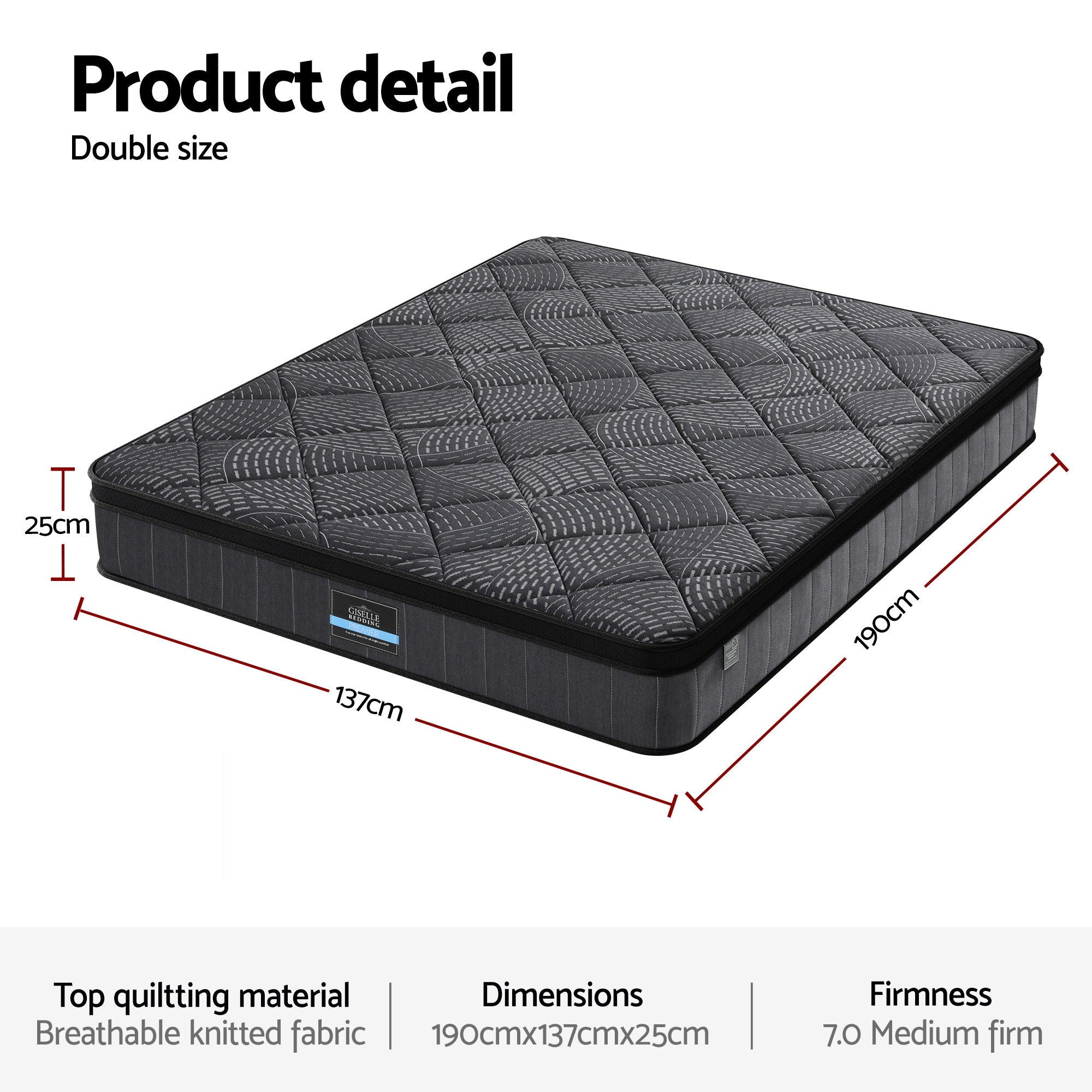 Giselle Bedding Double Mattress 25cm Pocket Spring Latex Euro Top Medium Firm Bed-Furniture > Mattresses > Double Mattress-PEROZ Accessories