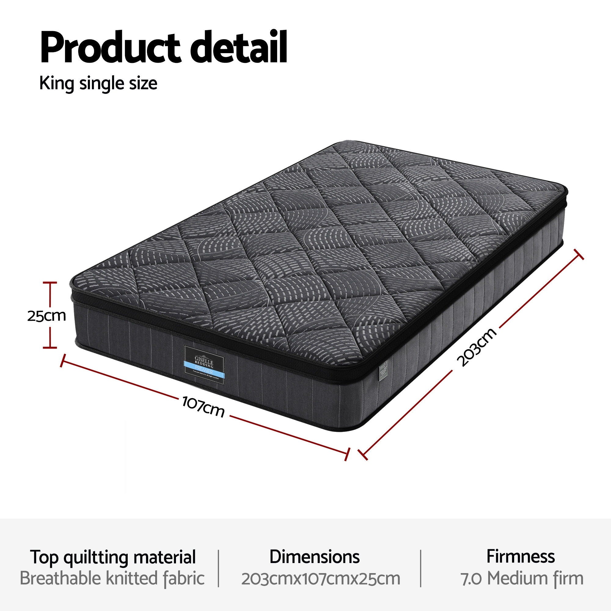 Giselle Bedding King Single Mattress 25cm Pocket Spring Latex Euro Top Medium Firm Bed-Furniture > Mattresses > King Single Mattress-PEROZ Accessories