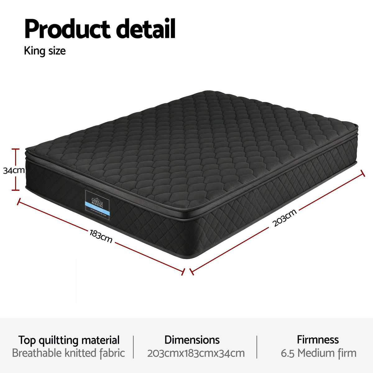 Giselle Bedding King Mattress 34cm Euro Top with 5-Zone Pocket Spring Support Black-Furniture > Mattresses > King Size Mattress-PEROZ Accessories