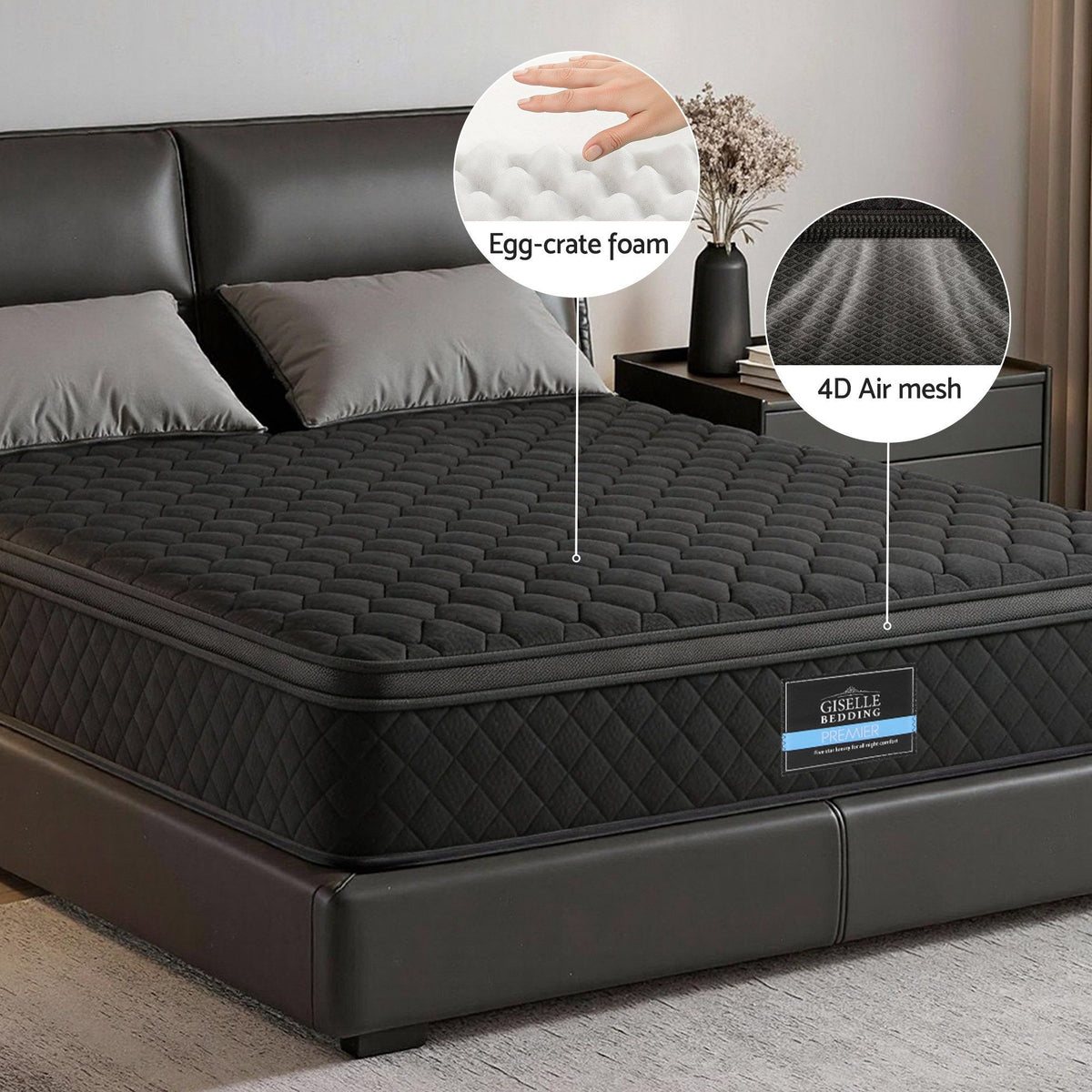 Giselle Bedding King Mattress 34cm Euro Top with 5-Zone Pocket Spring Support Black-Furniture > Mattresses > King Size Mattress-PEROZ Accessories