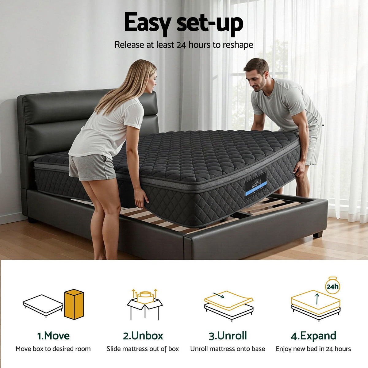 Giselle Bedding King Single Mattress 34cm Euro Top with 5-Zone Pocket Spring Support Black-Furniture > Mattresses > King Single Mattress-PEROZ Accessories