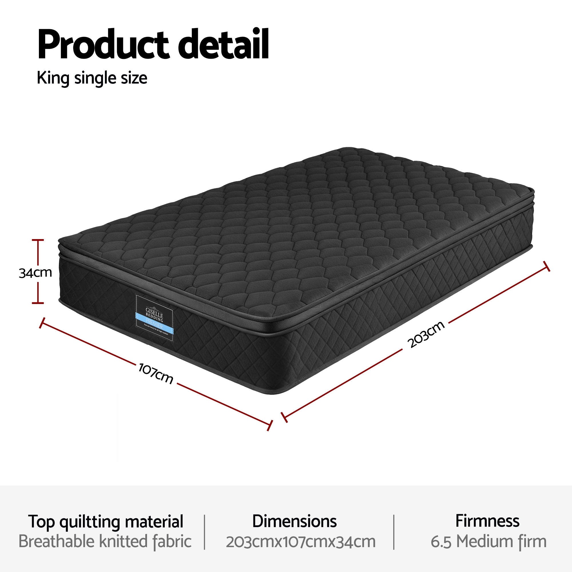 Giselle Bedding Mattress 34cm 5-Zone Pocket Spring Egg-crate Memory Foam King Single-Furniture > Mattresses > King Single Mattress-PEROZ Accessories