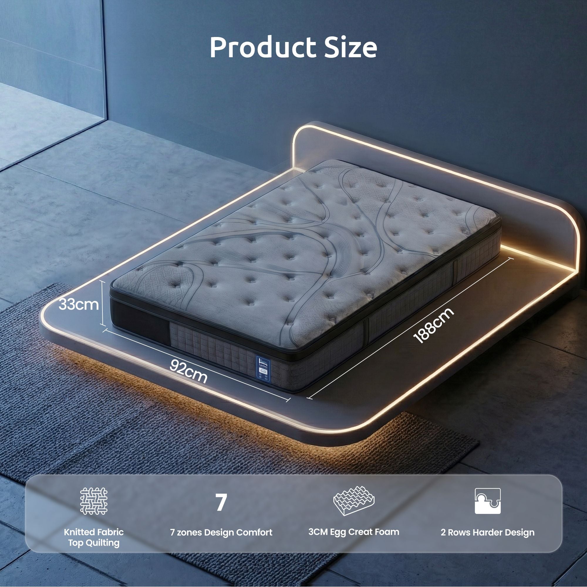 Levitex 33 cm Mattress 8.0 Extra Firm 7-Zone Pocket Spring Mattress with Dual-Row Edge Support & Breathable Knit Cover Single-Furniture > Mattresses > Single Mattress-PEROZ Accessories