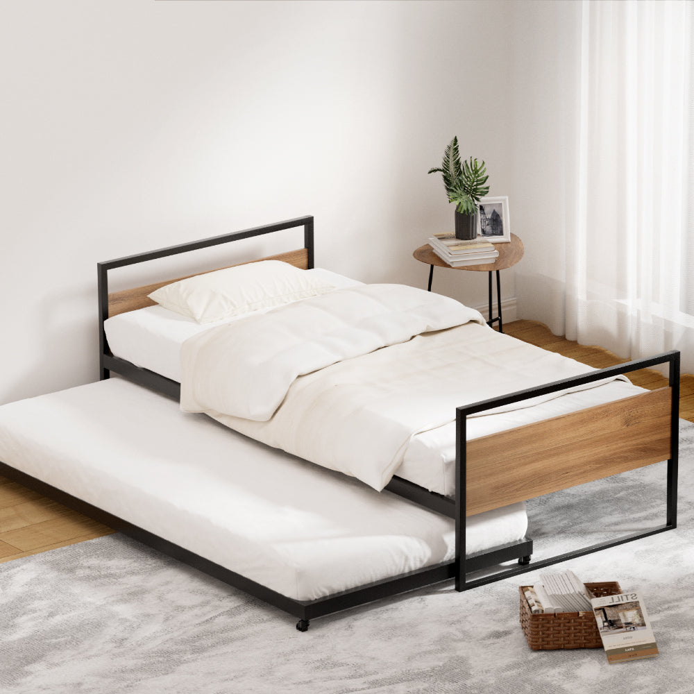 Artiss Bed Frame 2x Single Size Metal Trundle Daybed DEAN-Furniture > Bedroom-PEROZ Accessories