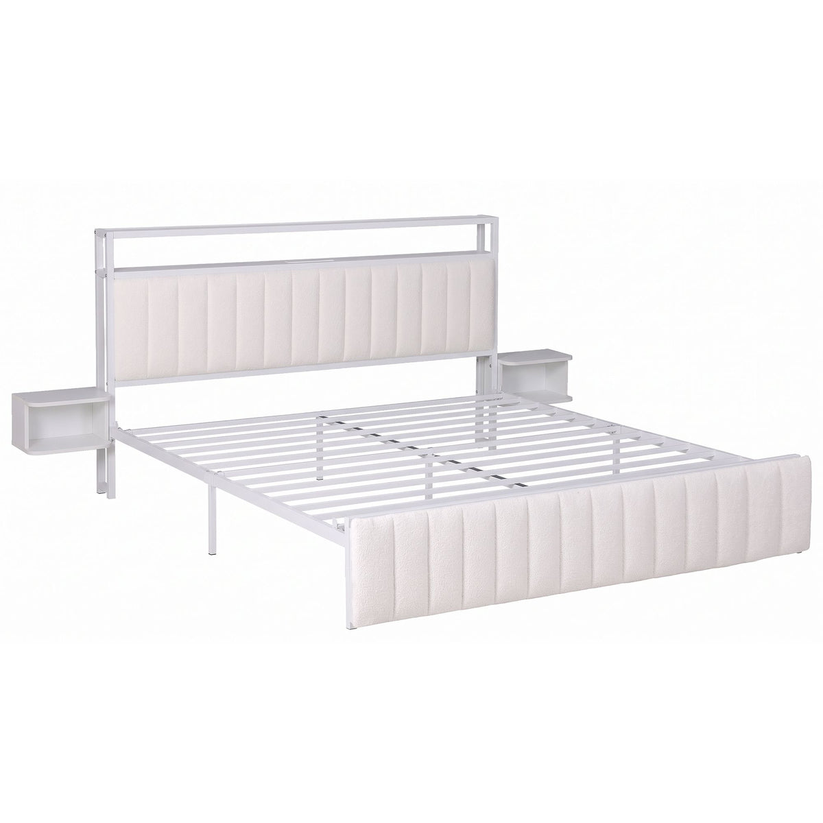 Artiss King Metal Bed Frame Boucle Headboard Charging Station Side Table White-Furniture > Bedroom > Beds & Bed Frames-PEROZ Accessories