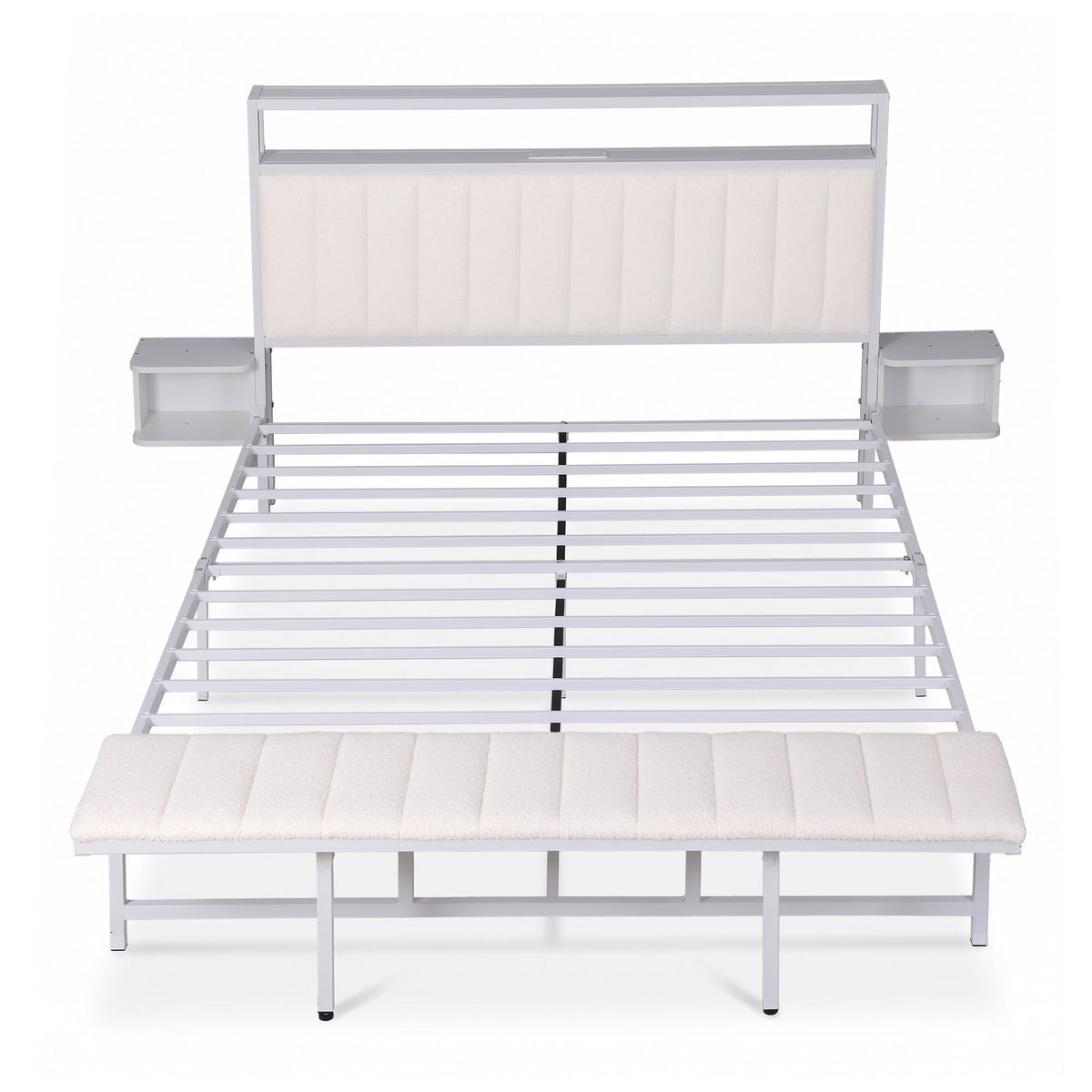 Artiss Queen Metal Bed Frame Boucle Headboard Charging Station Side Table White-Furniture > Bedroom > Beds & Bed Frames-PEROZ Accessories