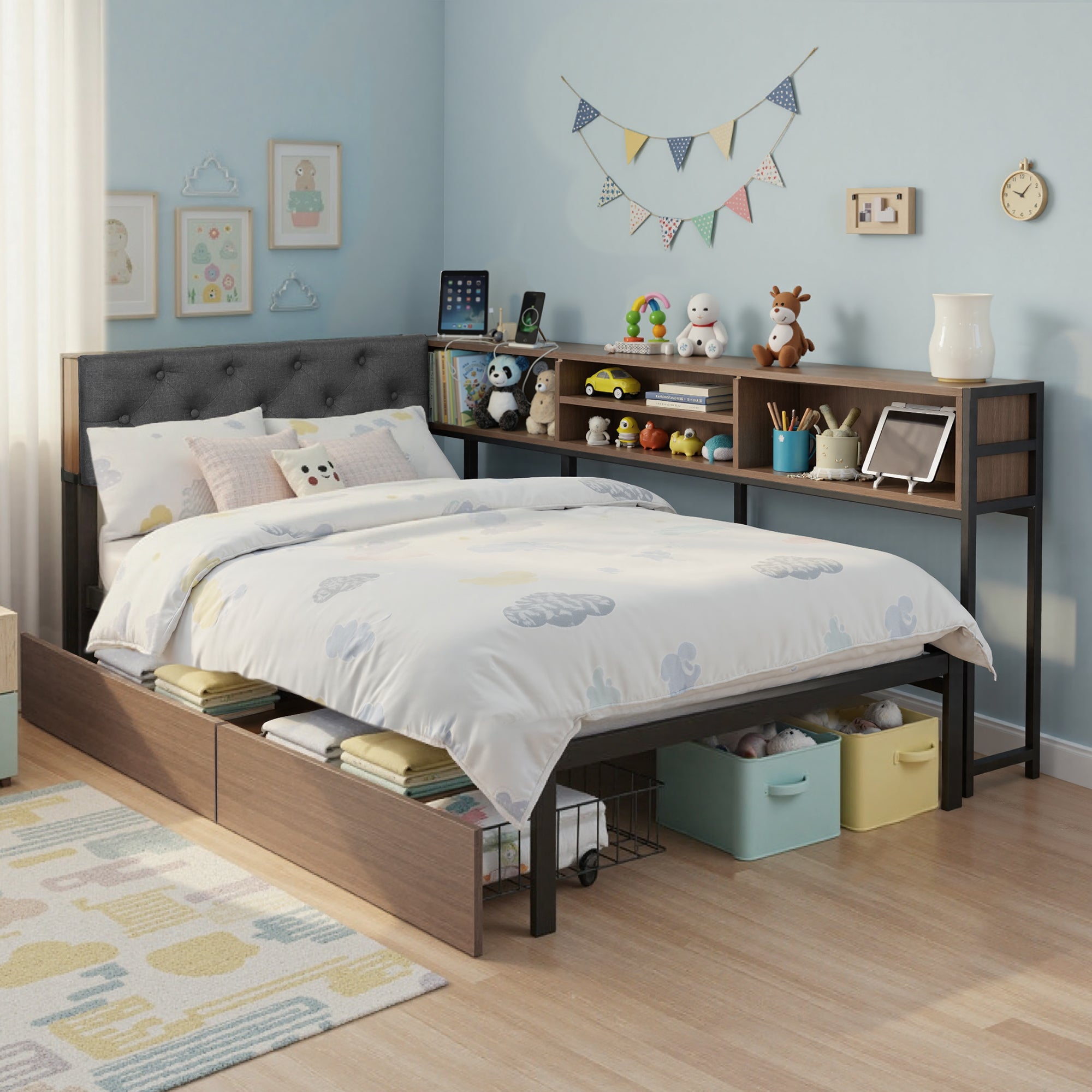 Artiss Bed Frame Single Size with 2 Drawers and Charging Station Metal Corner Bed Base-Furniture > Bedroom > Beds & Bed Frames-PEROZ Accessories