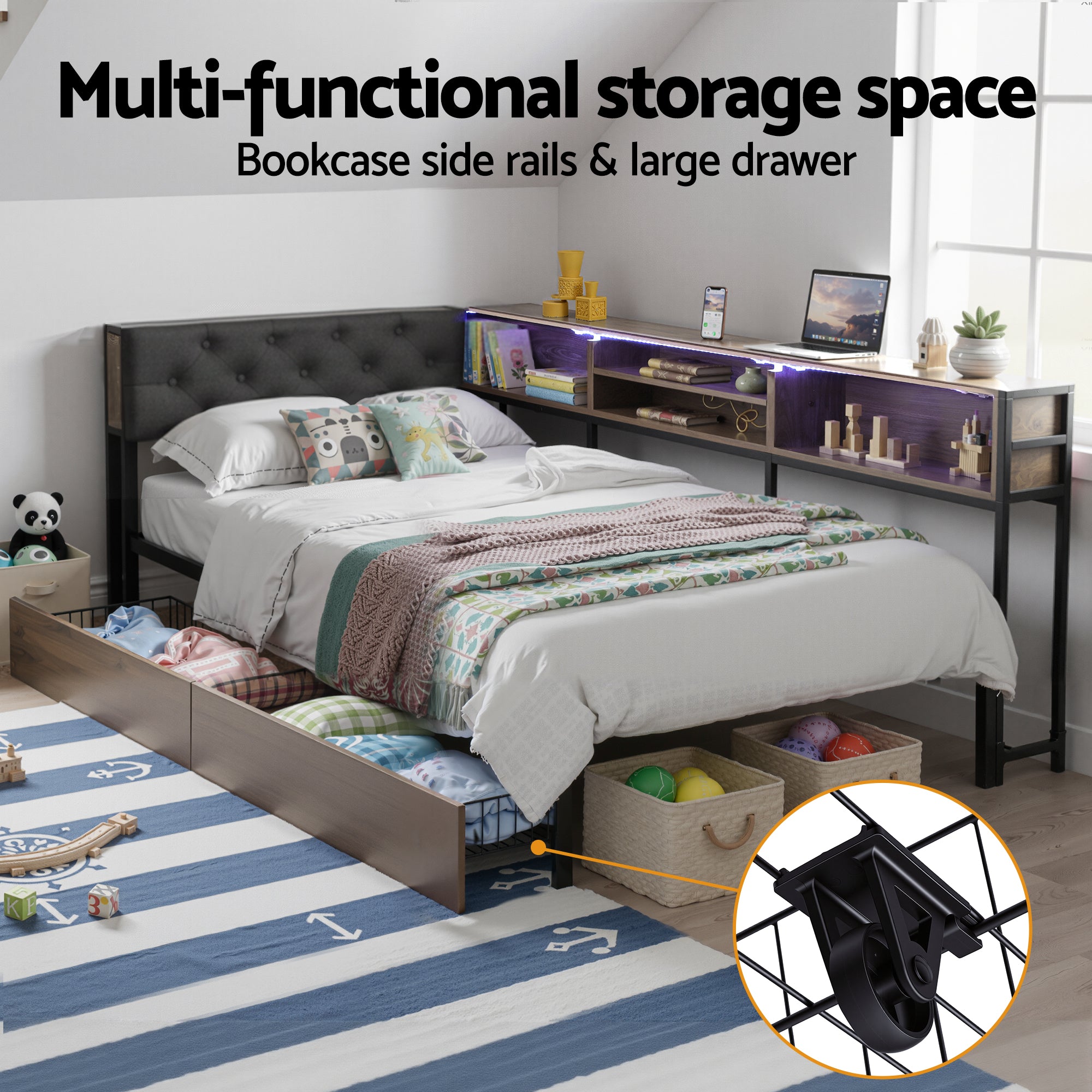 Artiss Bed Frame Single Size with 2 Drawers and Charging Station Metal Corner Bed Base-Furniture > Bedroom > Beds & Bed Frames-PEROZ Accessories