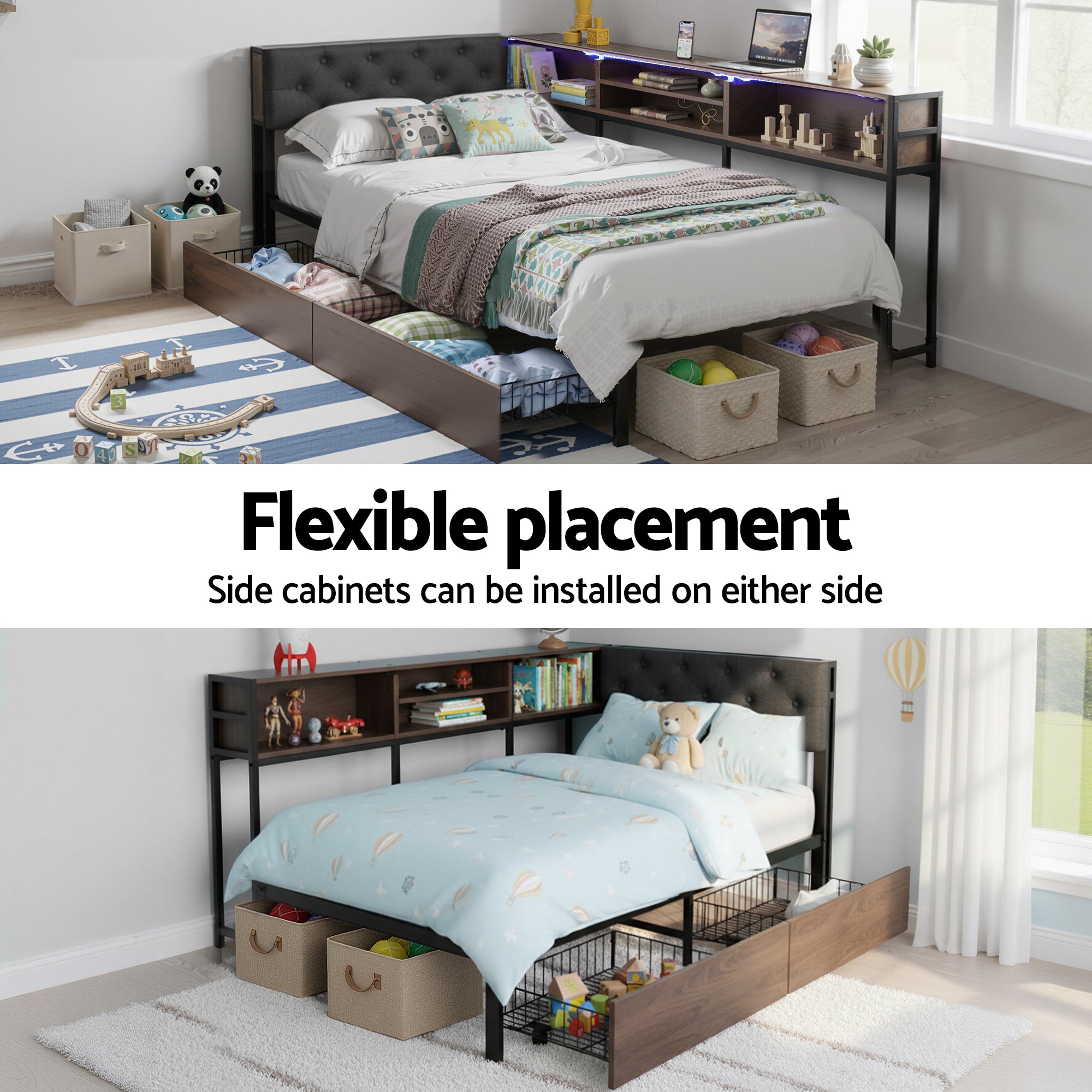 Artiss Bed Frame Single Size with 2 Drawers and Charging Station Metal Corner Bed Base-Furniture > Bedroom > Beds & Bed Frames-PEROZ Accessories