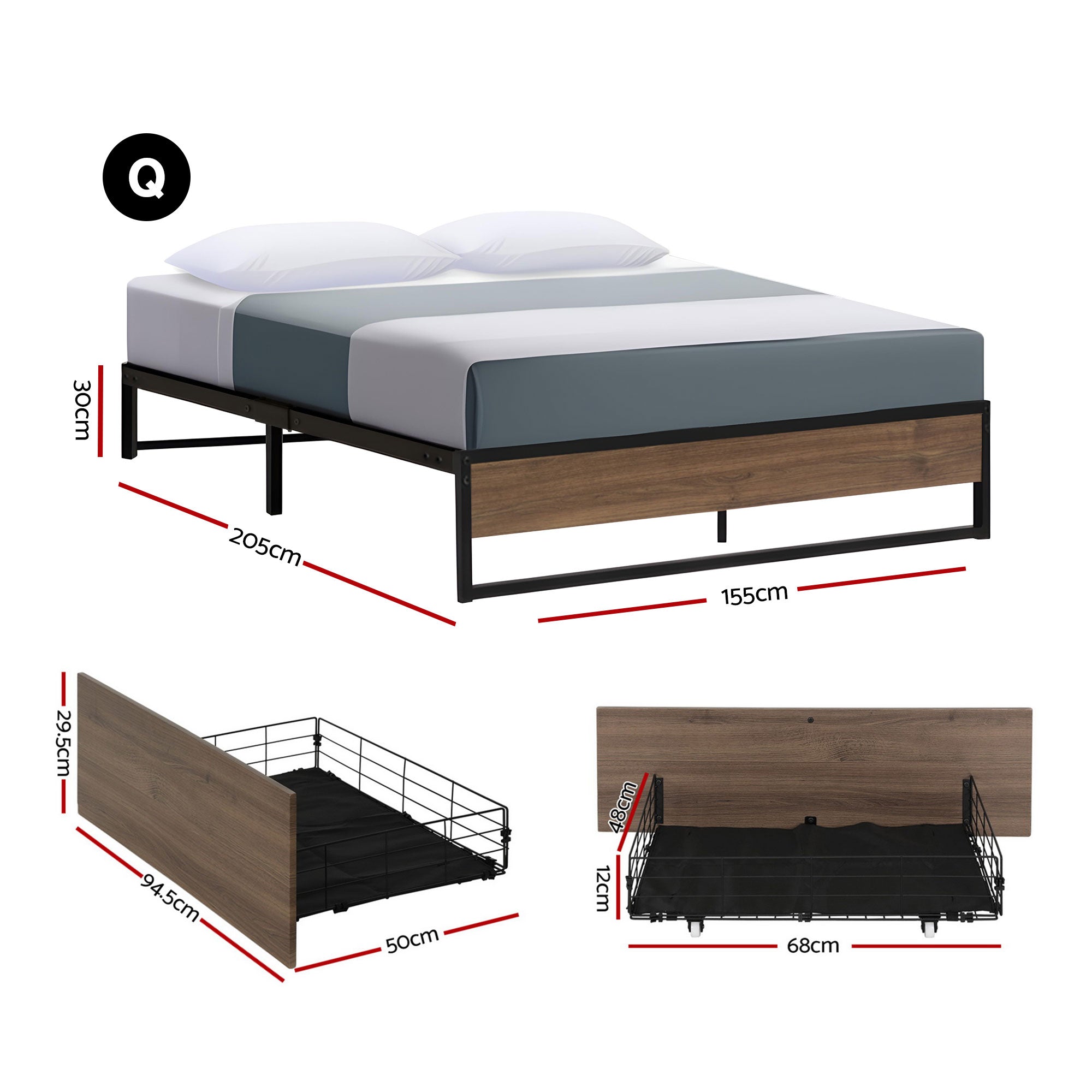 Artiss Bed Frame Metal Frame Queen Size Bed Base 2 Drawers OSLO-Furniture > Bedroom > Beds & Bed Frames-PEROZ Accessories