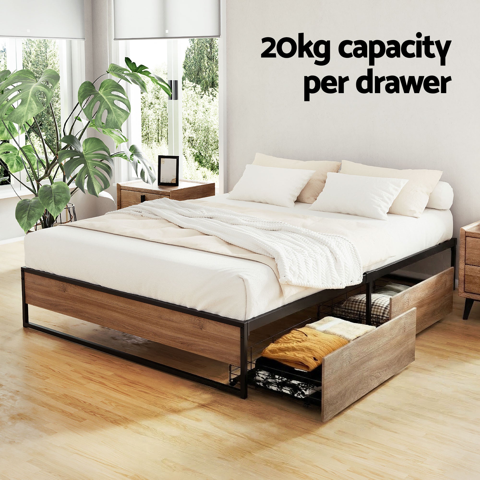 Artiss Bed Frame Metal Frame Queen Size Bed Base 2 Drawers OSLO-Furniture > Bedroom > Beds & Bed Frames-PEROZ Accessories