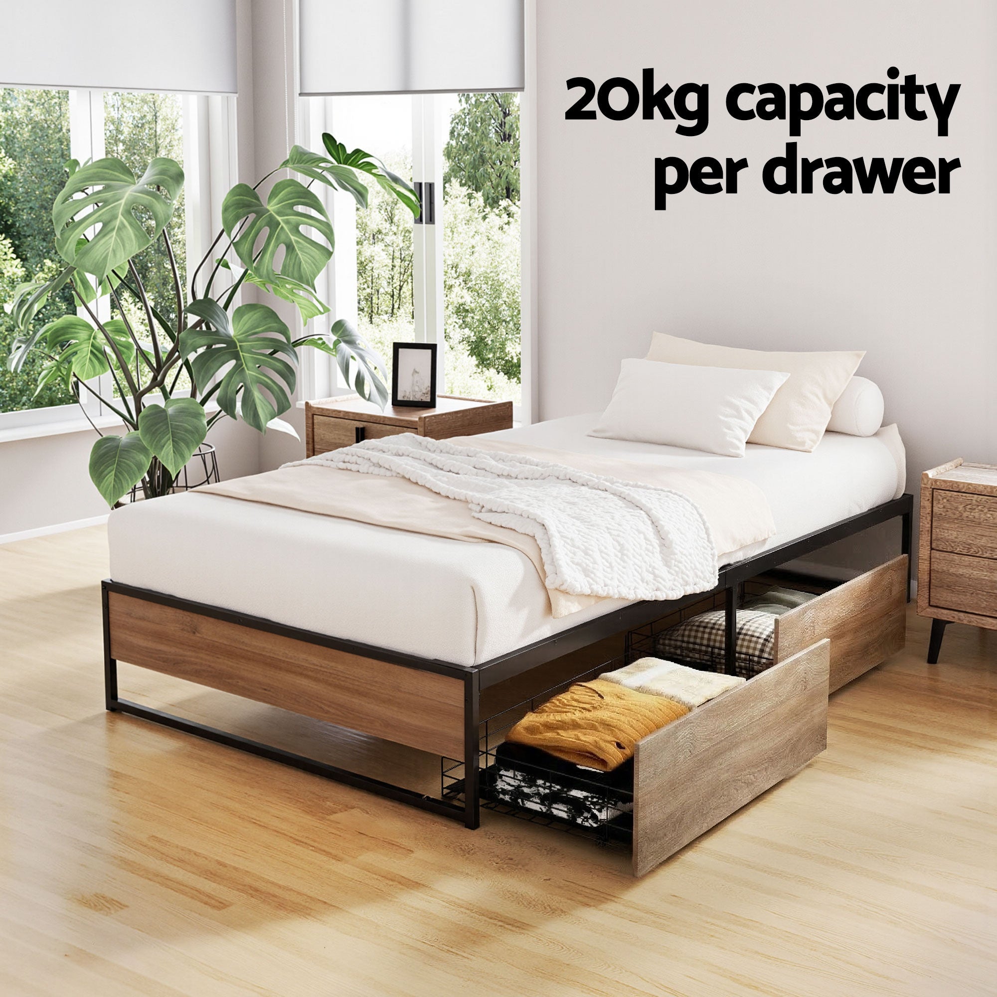 Artiss Bed Frame Metal Frame Single Bed Base 2 Drawers OSLO-Furniture > Bedroom > Beds & Bed Frames-PEROZ Accessories