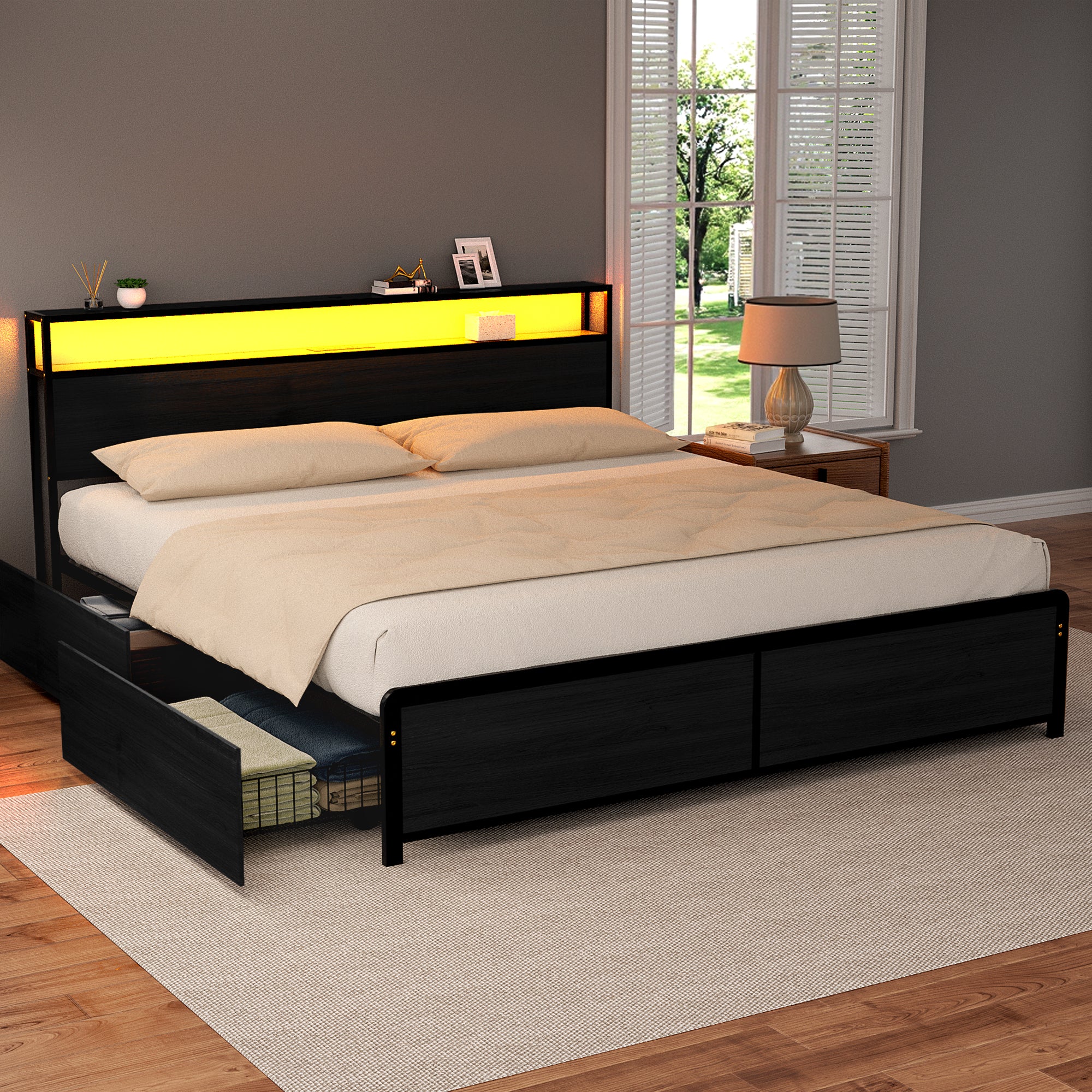 Artiss Metal Bed Frame King Size Storage Headboard Charge Station LED 4 Drawers-Furniture > Bedroom > Beds & Bed Frames-PEROZ Accessories