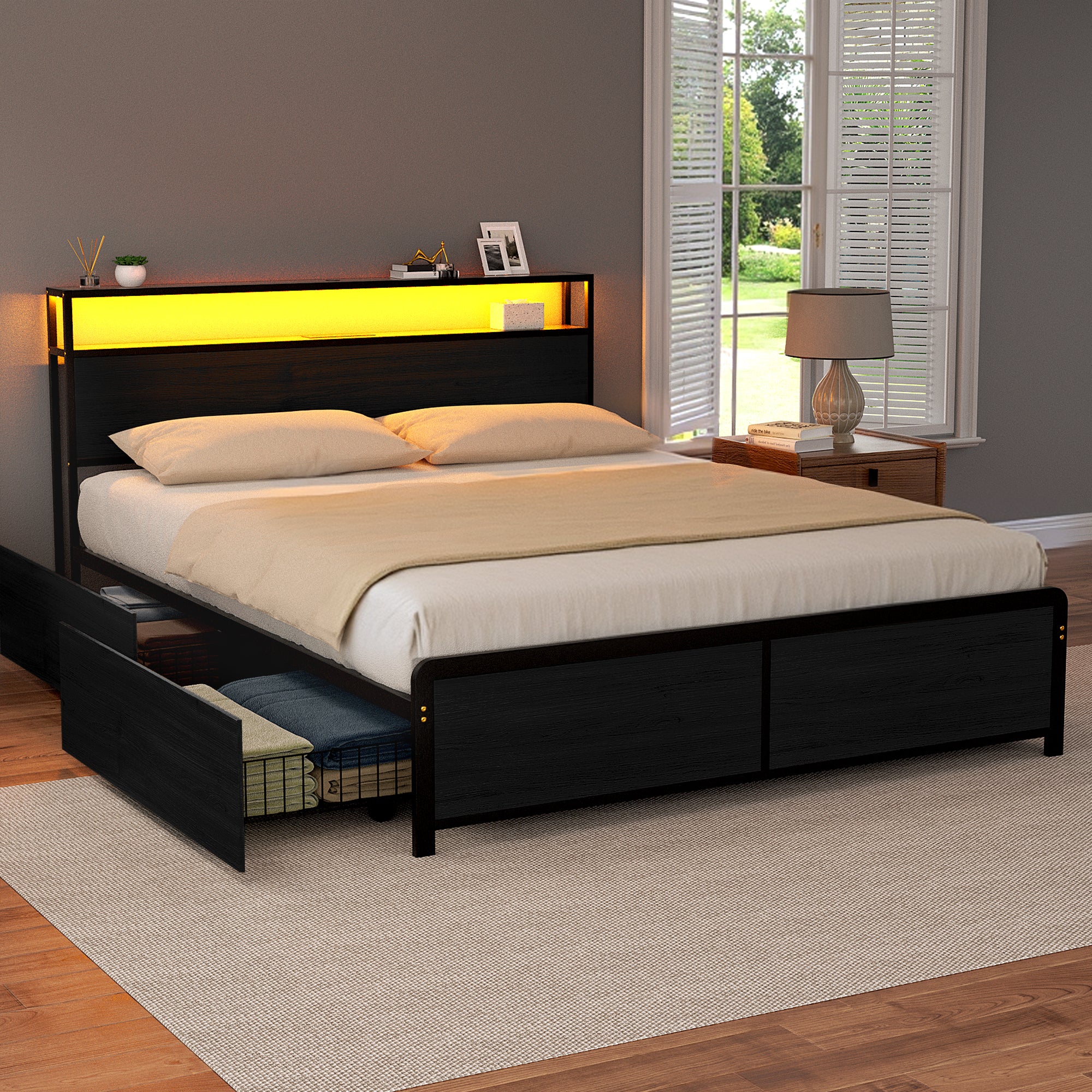 Artiss Metal Bed Frame Queen Size Storage Headboard Charge Station LED 4 Drawers-Furniture > Bedroom > Beds & Bed Frames-PEROZ Accessories