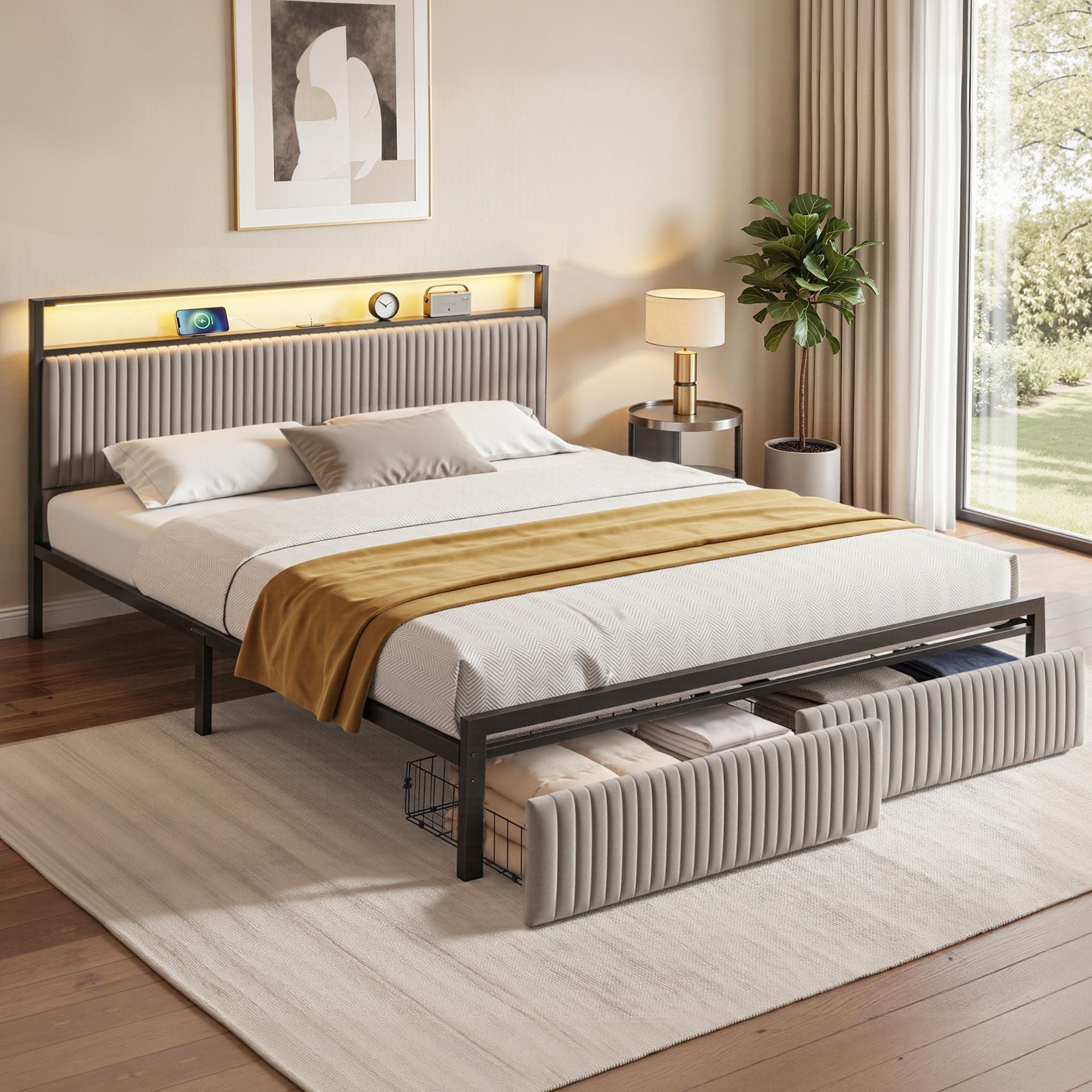 Artiss Metal Bed Frame King Size LED Charging Station 2 Drawers-Furniture > Bedroom > Beds & Bed Frames-PEROZ Accessories