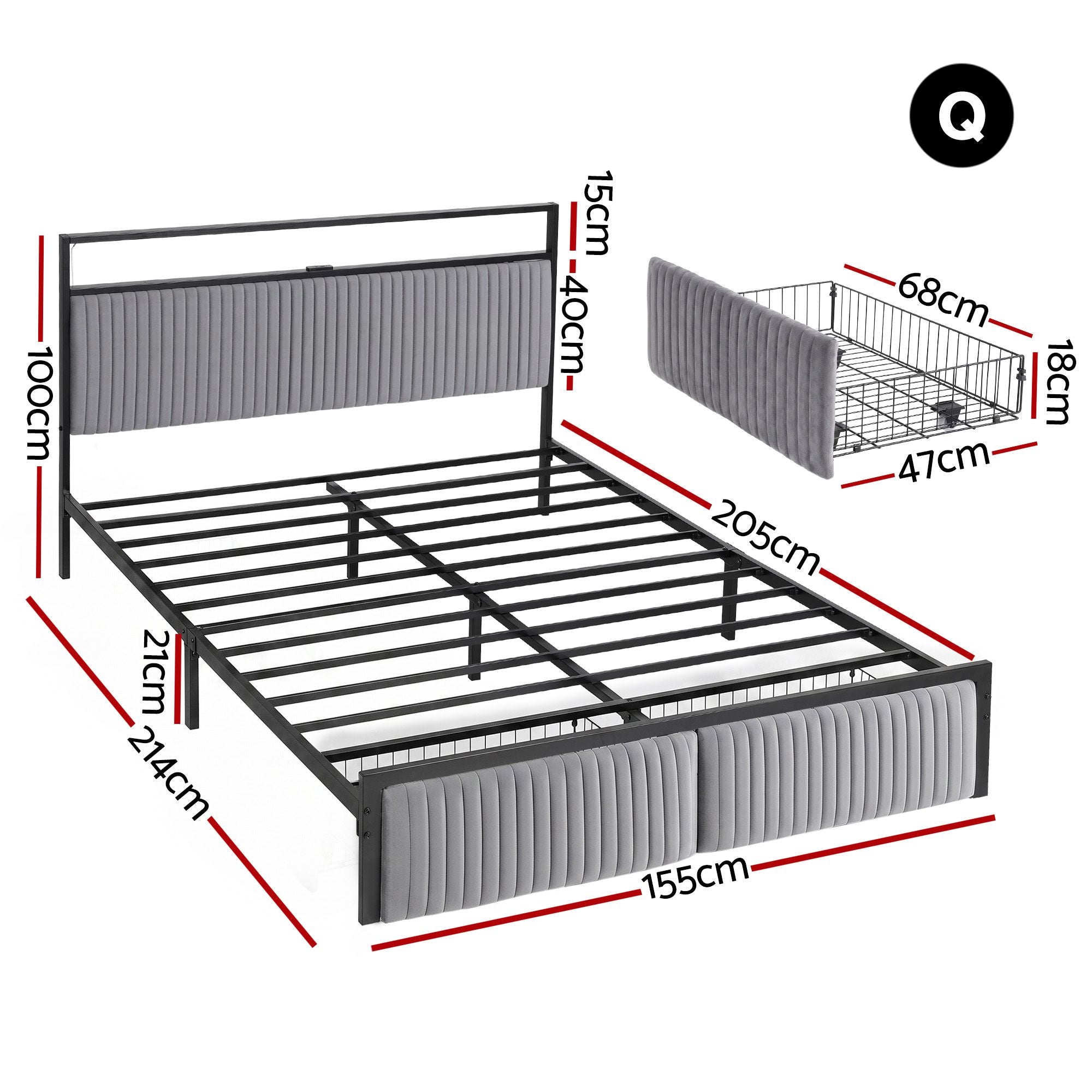 Artiss Metal Bed Frame Queen Size LED Charging Station 2 Drawers-Furniture > Bedroom > Beds & Bed Frames-PEROZ Accessories