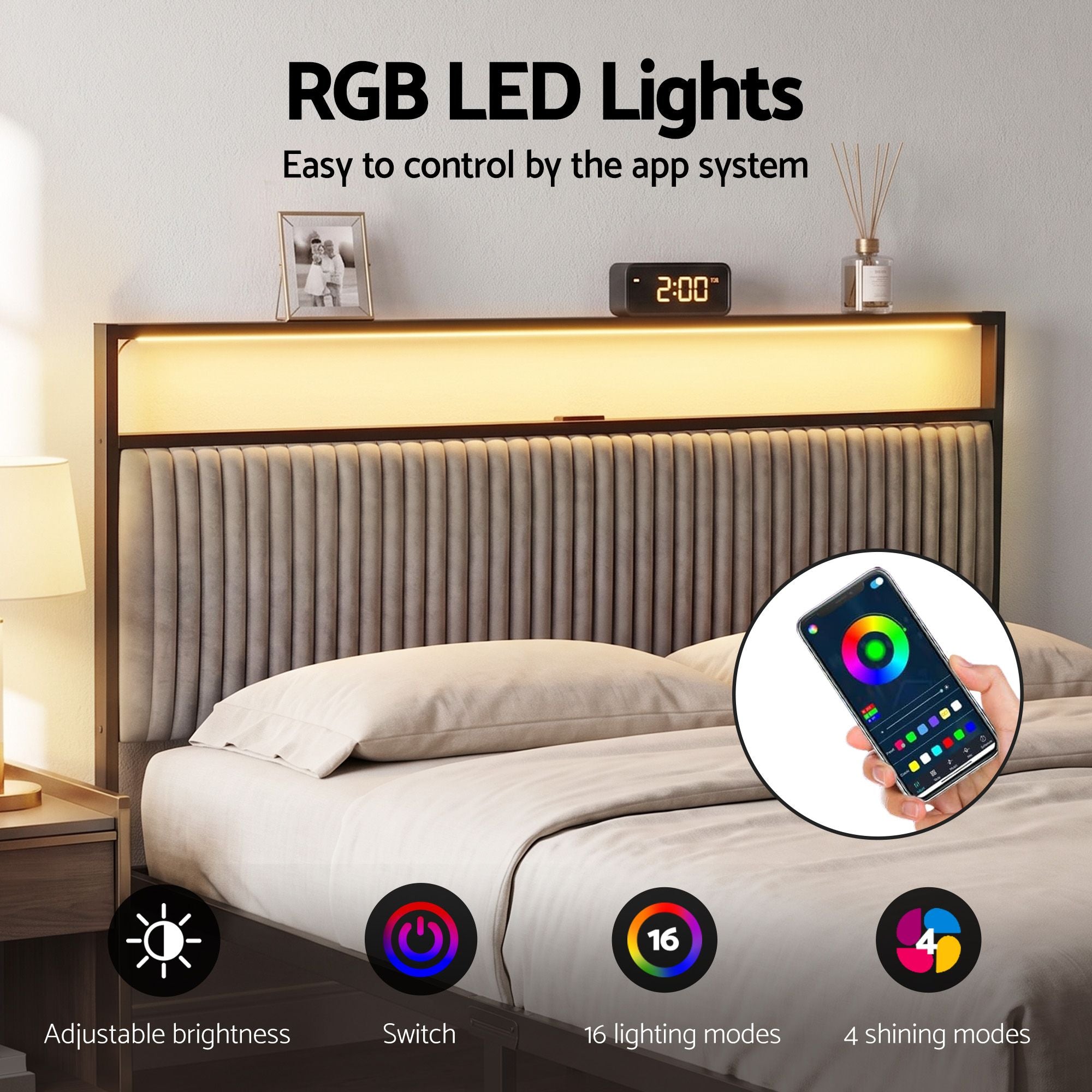 Artiss Metal Bed Frame Queen Size LED Charging Station 2 Drawers-Furniture > Bedroom > Beds & Bed Frames-PEROZ Accessories
