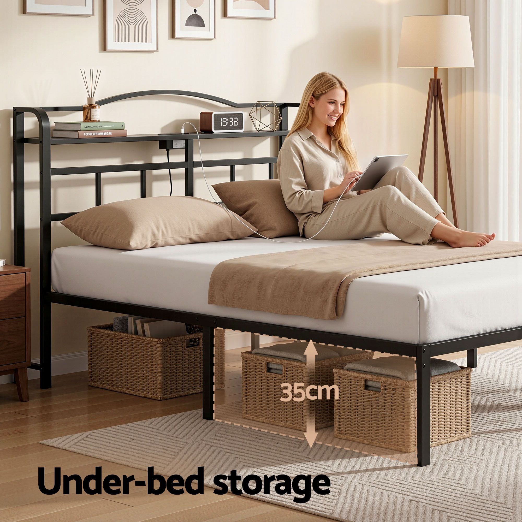 Artiss Bed Frame Double Size with Charging Station WAVE-Furniture > Bedroom > Beds & Bed Frames-PEROZ Accessories