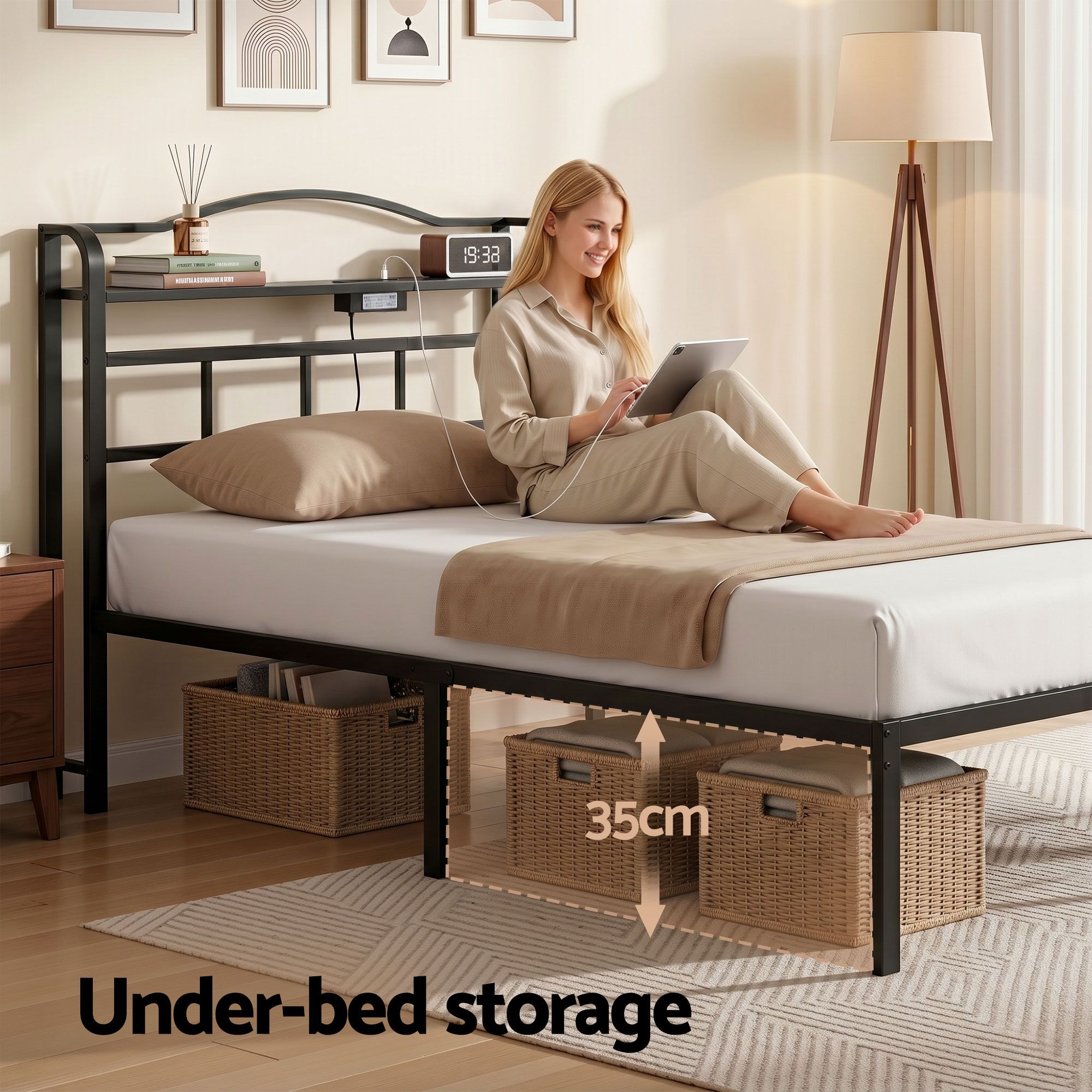 Artiss Bed Frame Single Size with Charging Station WAVE-Furniture > Bedroom > Beds & Bed Frames-PEROZ Accessories