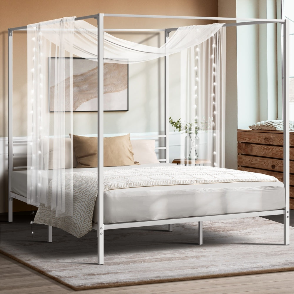 Oikiture Metal Canopy Bed Frame Double Size White-Metal Bed Frames-PEROZ Accessories