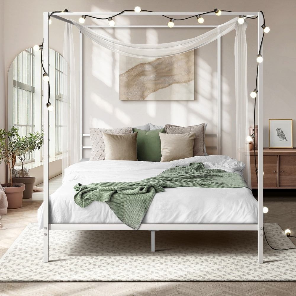 Oikiture Metal Canopy Bed Frame Double Size White-Metal Bed Frames-PEROZ Accessories