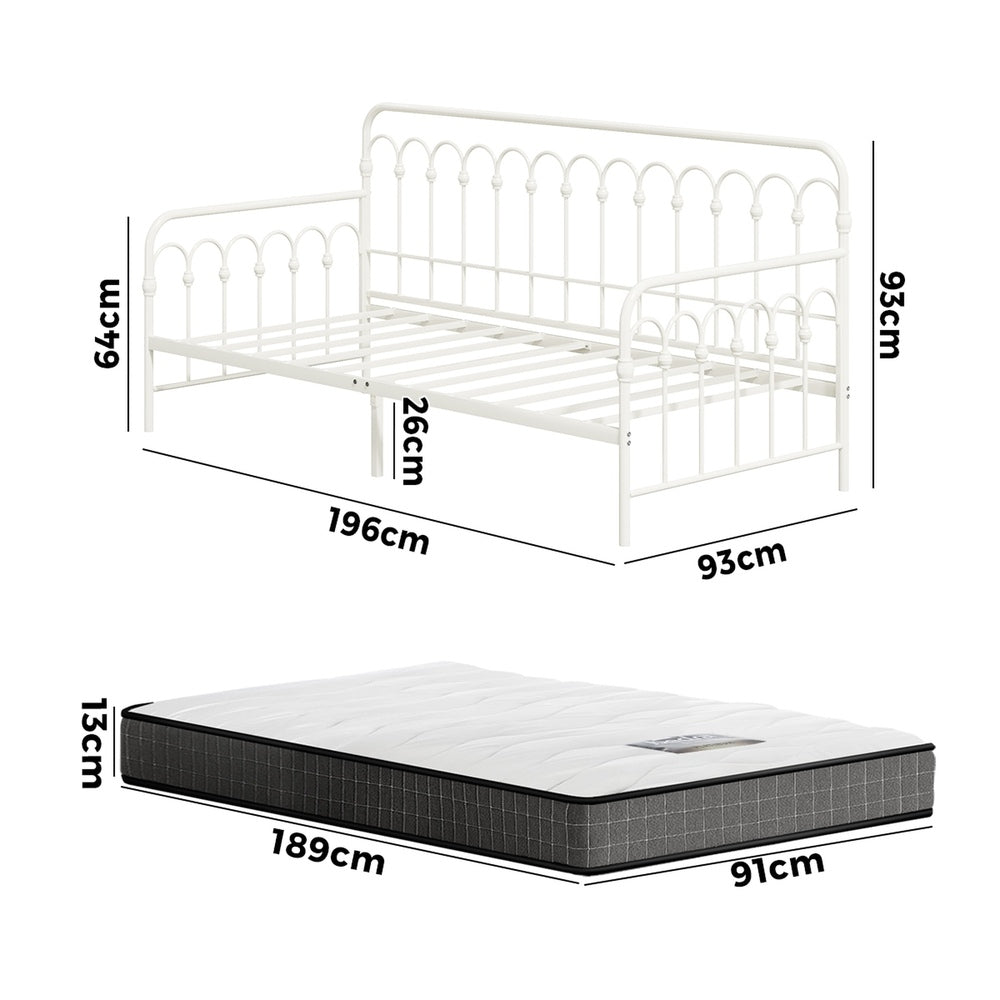 Oikiture Metal Daybed Frame Single Size Sofa Bed with Mattress Beige-Metal Bed Frame-PEROZ Accessories