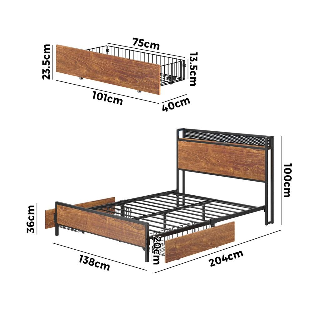 Oikiture Metal Bed Frame Double Size LED Headboard 2 Storage Drawers USB-Metal Bed Frame-PEROZ Accessories