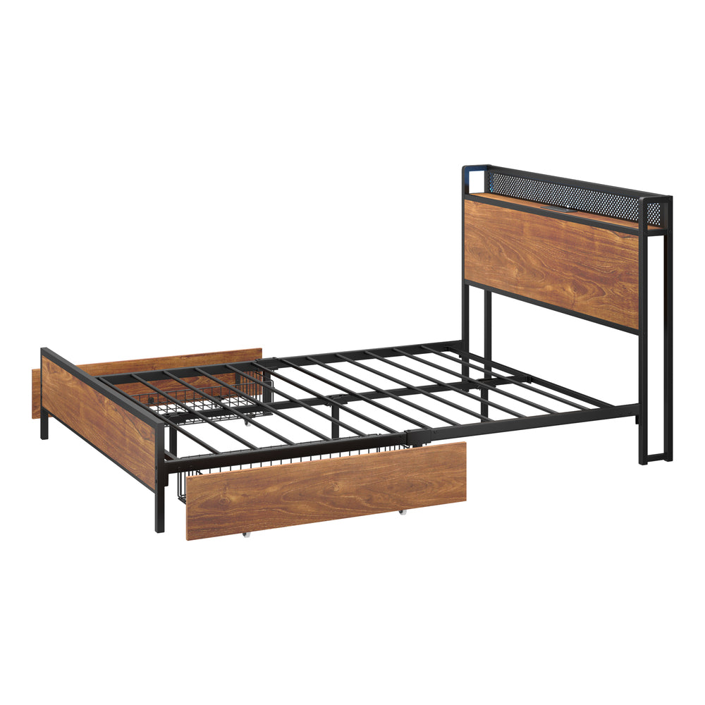 Oikiture Metal Bed Frame Double Size LED Headboard 2 Storage Drawers USB-Metal Bed Frame-PEROZ Accessories