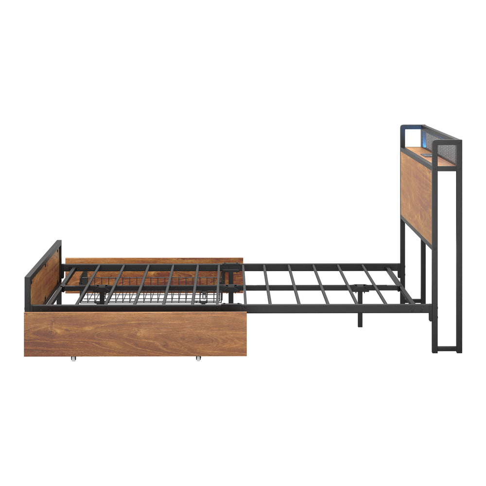 Oikiture Metal Bed Frame Double Size LED Headboard 2 Storage Drawers USB-Metal Bed Frame-PEROZ Accessories