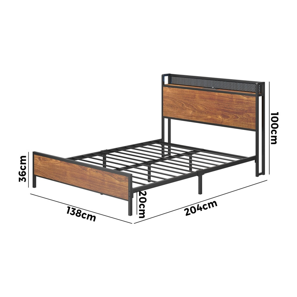 Oikiture Metal Bed Frame Double Size LED USB Charge Storage Headboard-Metal Bed Frame-PEROZ Accessories