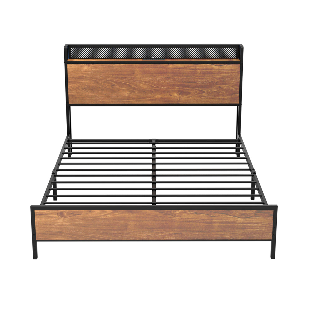 Oikiture Metal Bed Frame King Size LED USB Charge Storage Headboard-Metal Bed Frame-PEROZ Accessories