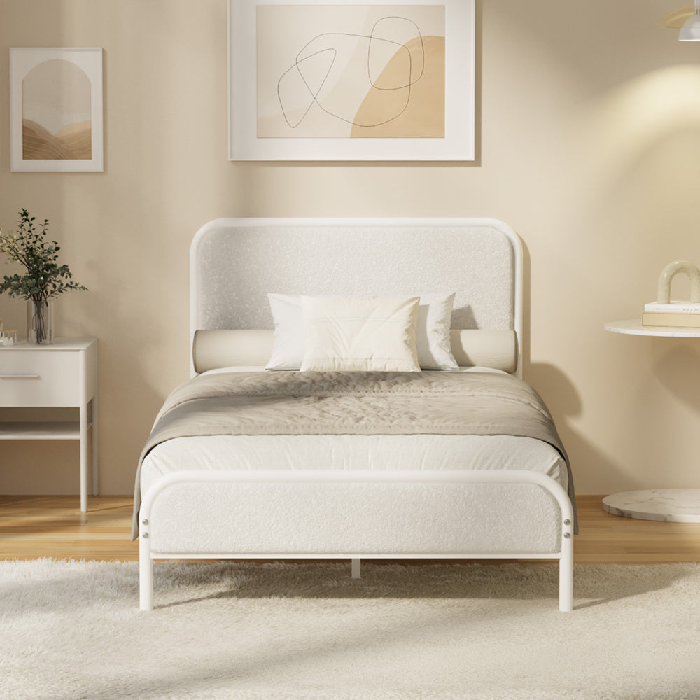 Oikiture Metal Bed Frame King Single Size Bedhead Boucle Fabric Beige-Metal Bed Frame-PEROZ Accessories