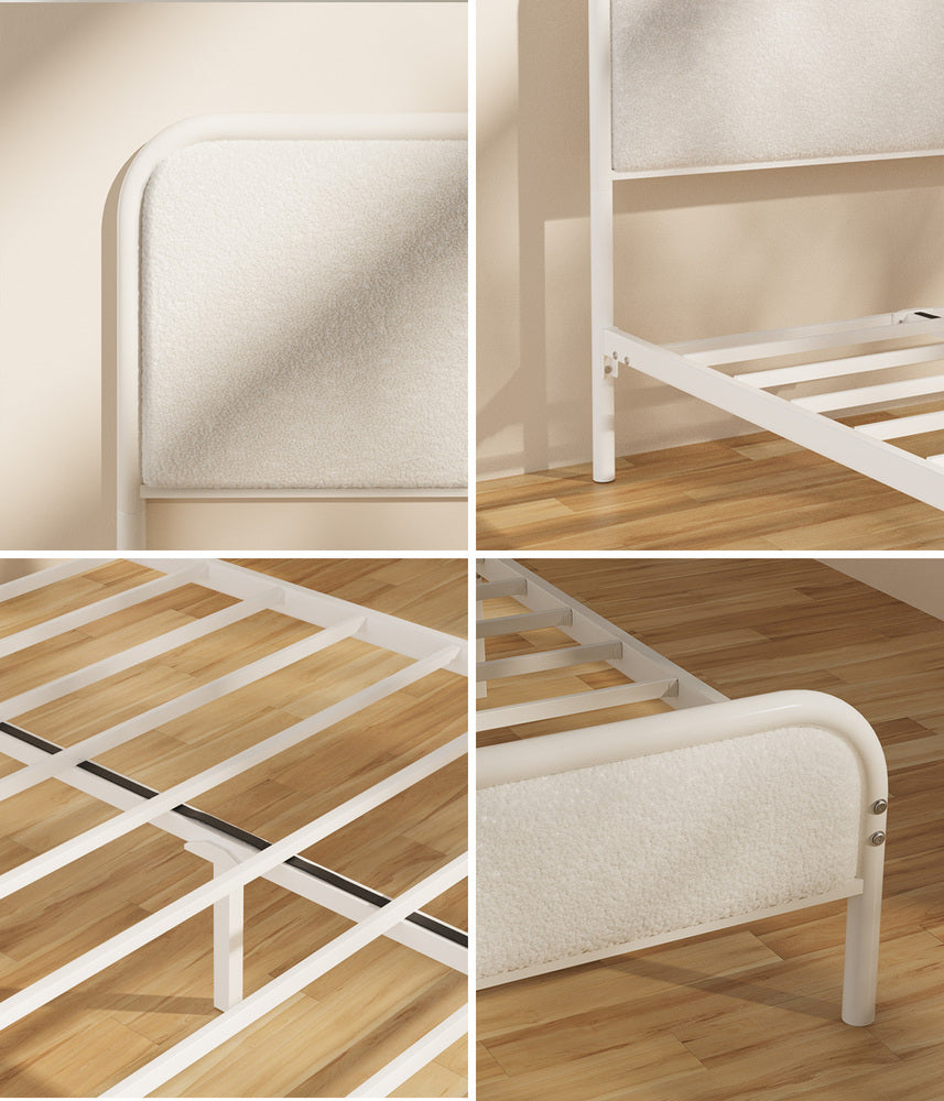 Oikiture Metal Bed Frame King Single Size Bedhead Boucle Fabric Beige-Metal Bed Frame-PEROZ Accessories