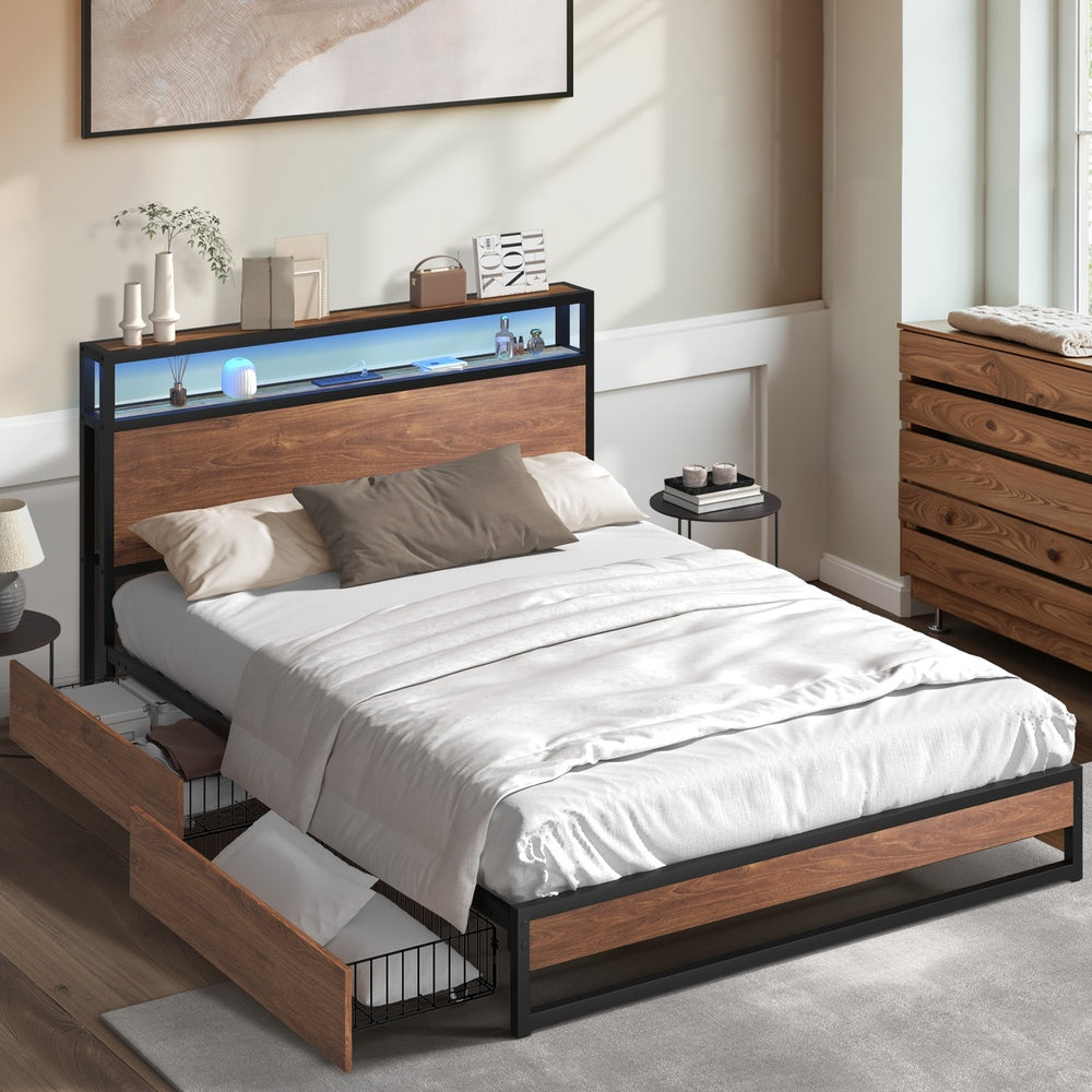 Oikiture Metal Bed Frame Double LED Storage Headboard USB Charging & 2 Drawers-Metal Bed Frame-PEROZ Accessories