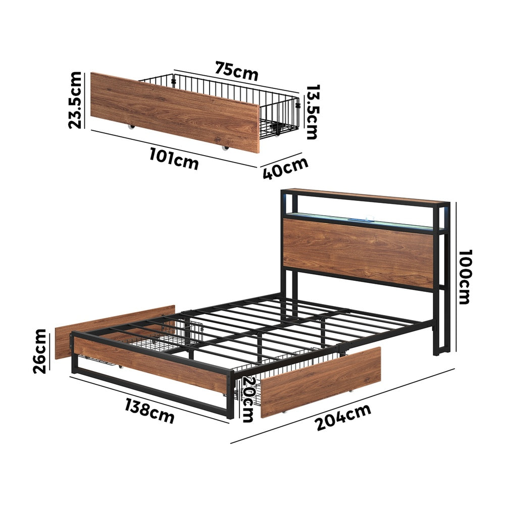 Oikiture Metal Bed Frame Double LED Storage Headboard USB Charging & 2 Drawers-Metal Bed Frame-PEROZ Accessories