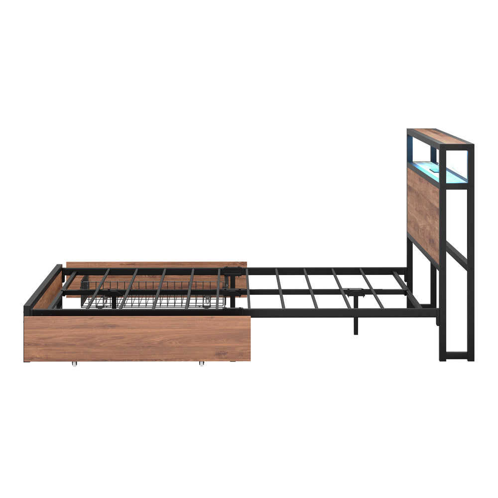 Oikiture Metal Bed Frame Double LED Storage Headboard USB Charging & 2 Drawers-Metal Bed Frame-PEROZ Accessories