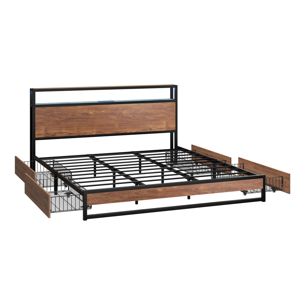 Oikiture Metal Bed Frame King LED Storage Headboard USB Charging & 4 Drawers-Metal Bed Frame-PEROZ Accessories