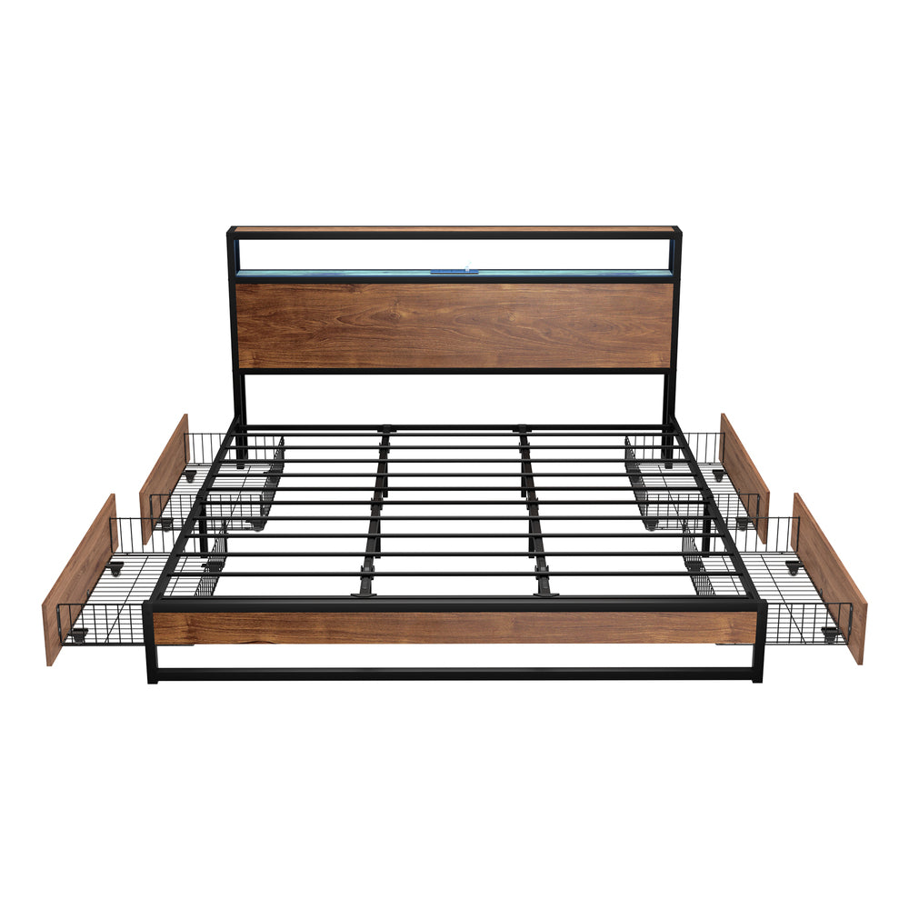 Oikiture Metal Bed Frame King LED Storage Headboard USB Charging & 4 Drawers-Metal Bed Frame-PEROZ Accessories