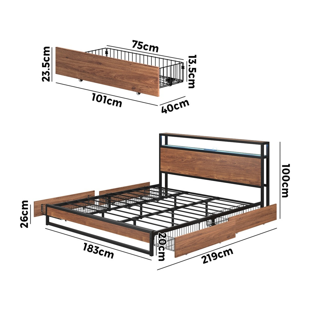 Oikiture Metal Bed Frame King LED Storage Headboard USB Charging & 4 Drawers-Metal Bed Frame-PEROZ Accessories