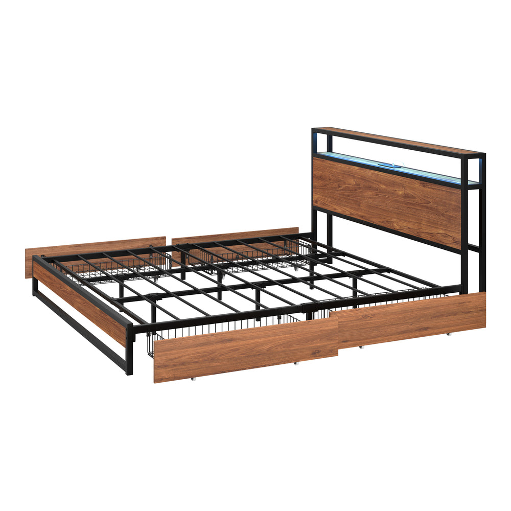 Oikiture Metal Bed Frame King LED Storage Headboard USB Charging & 4 Drawers-Metal Bed Frame-PEROZ Accessories