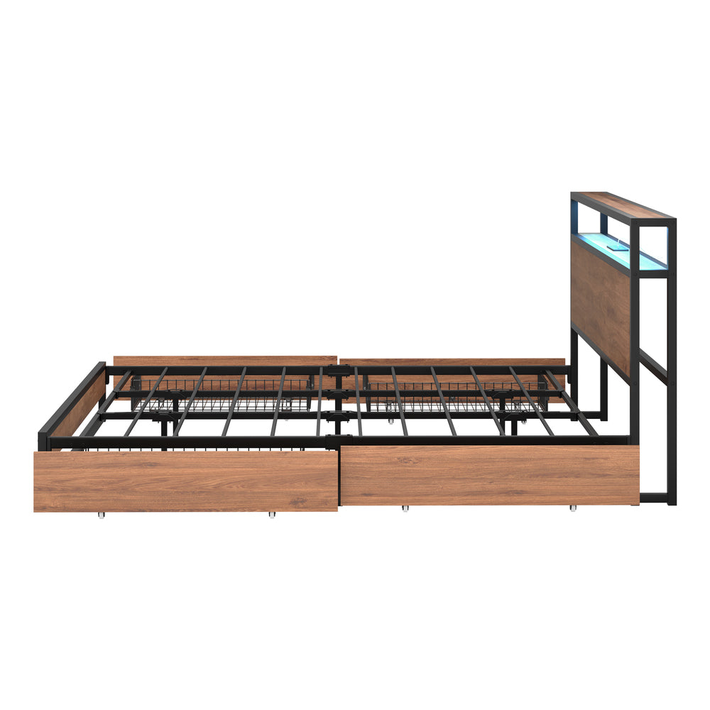 Oikiture Metal Bed Frame King LED Storage Headboard USB Charging & 4 Drawers-Metal Bed Frame-PEROZ Accessories
