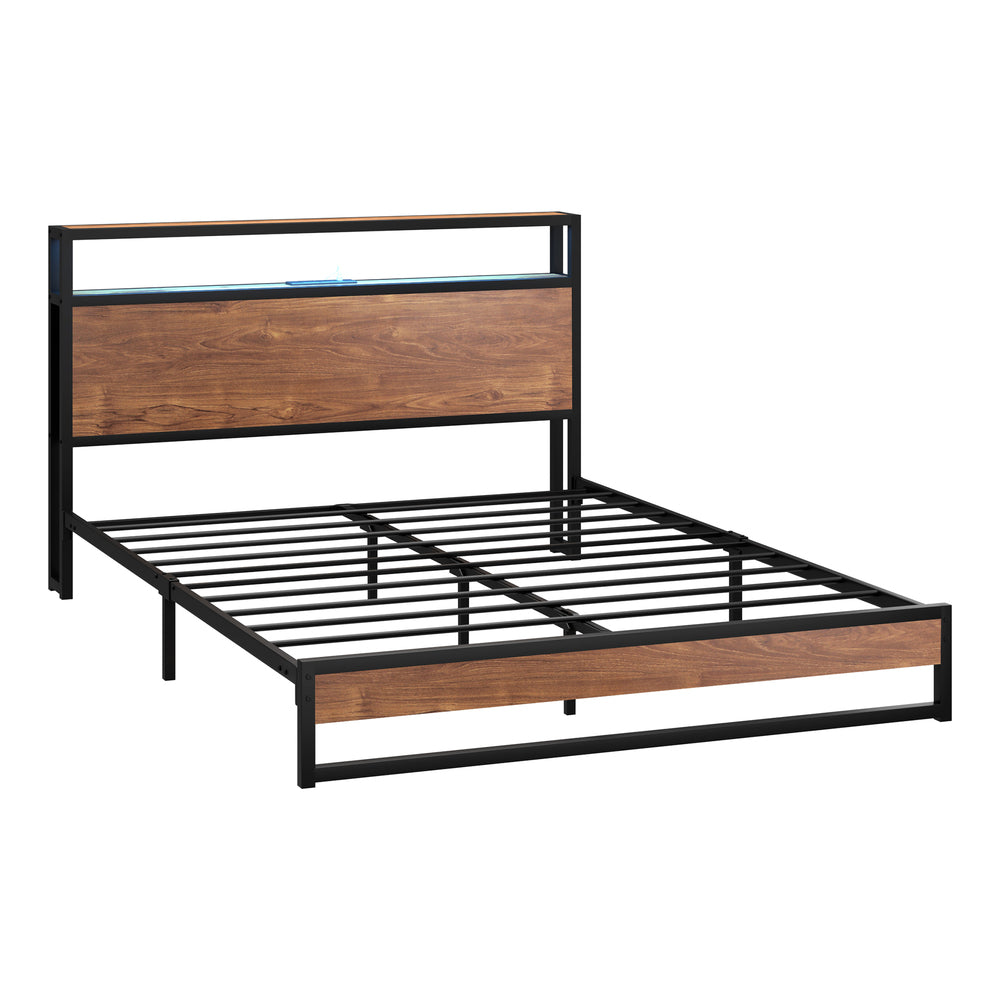 Oikiture Metal Bed Frame Queen Size LED Storage Headboard USB Charge-Metal Bed Frame-PEROZ Accessories