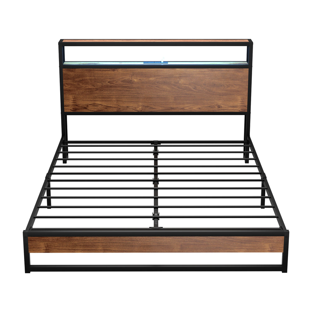 Oikiture Metal Bed Frame Queen Size LED Storage Headboard USB Charge-Metal Bed Frame-PEROZ Accessories